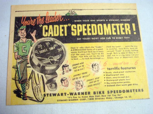 1949 Color Ad Cadet Speedometer, Stewart-Warner Bike Speedometers, Chicago, Ill