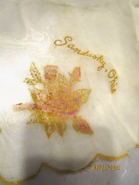 Vintage Sandusky Ohio handkerchief w gold scalloped edge, rose, & writing b2 2