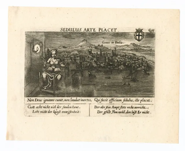 Antique Print "Sedulus Arte Placet. Genua in Italia" (Genoa-Italy) Meisner, 1678