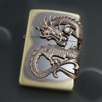 Zippo Dragon Side Metal Beautiful Design Solid Gold Brass lighter Japan New