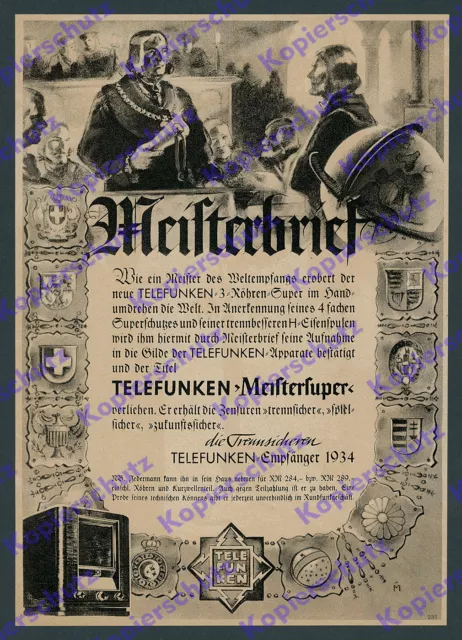 orig. Reklame TELEFUNKEN Meistersuper Radio Empfänger Elektronik Rundfunk 1934