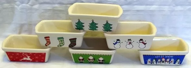 Box Full (6) Of CHRISTMAS DESIGNS LOAF DISHES Art Pottery 2.25” x 6” x 3.5”