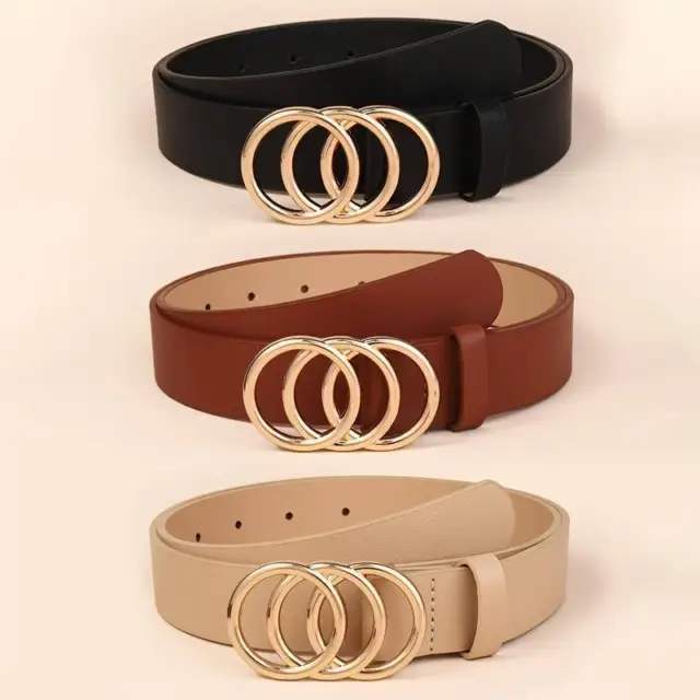 Ladies Triple Ring Buckle Faux Leather Narrow Gold Buckle Belt Fashion
