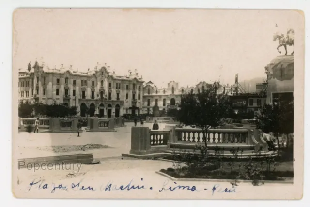 Vintage Photograph 1910s RPPC Postcard Peru Lima Plaza San Martin Photo