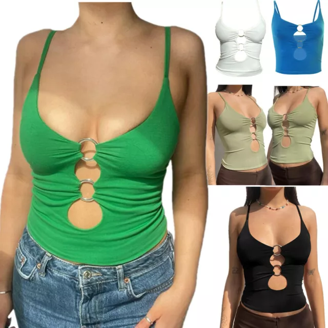 Women Sexy Crop Top Low-cut O Ring Keyhole Cami Vest Sleeveless Club Tank Tops