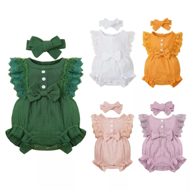 Infant Baby Girls Ruffle Sleeve Romper Summer Outfits Jumpsuit Bodysuit&Headband