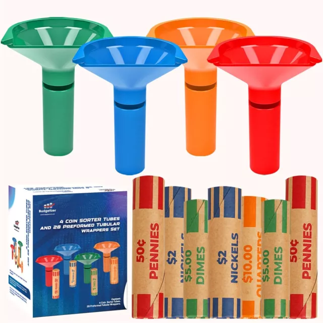 Coin Storage & Sorter Tubes 4 Color - Coded Coin Counters Tubes And 20 Pcs Assor