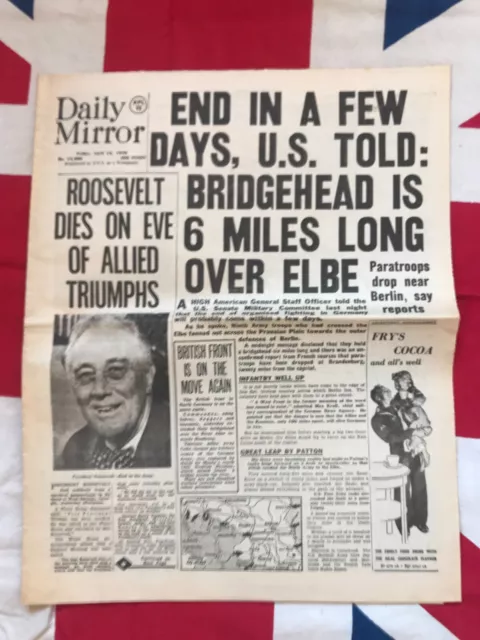 WW2 Newspaper COPY 1945 Roosevelt Dies War Ending Crossing the Elbe