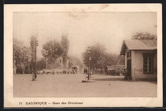 AK Salonique, Gare des Orientaux, Bahnhof mit Pferdewagen & Rotes Kreuz LKW