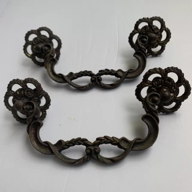Pair Antique Salvage Ornate Cast Brass Chest Drawer Pulls Ornate Bails