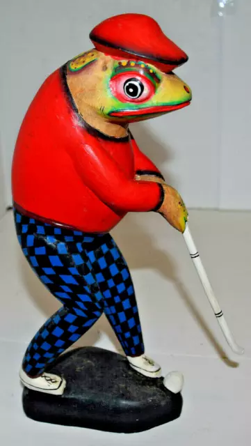 Frog Golfer, Wood Statue, Folk Art, Hand Carved, Removable golf club.