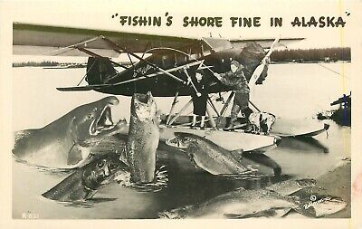 Postcard 1940s Alaska Aircraft fishing exaggeration RPPC Photo 22-13003