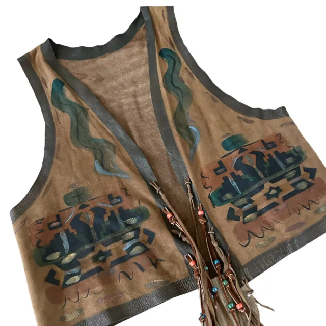 Vintage Hand Painted Art Suede Leather Vest Beaded Native Western Southwest