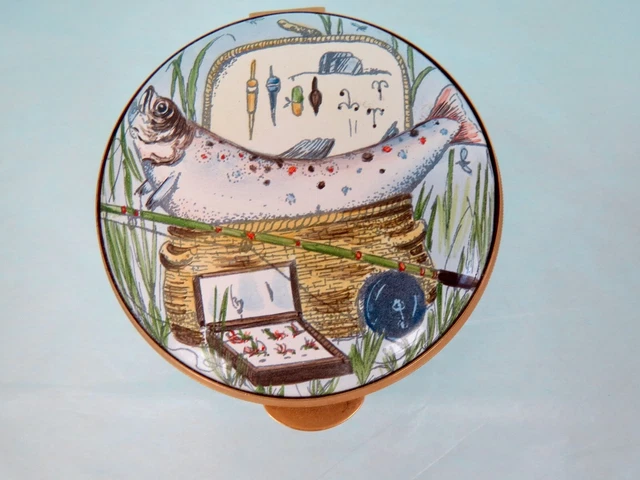 New/ Box Vintage STAFFORDSHIRE ENAMELS  "FISHERMAN'S BASKET" ENAMEL TRINKET BOX