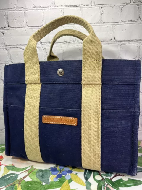 Dooney & Bourke Navy Blue Tan Purse Canvas Stand Up Slim Case Pocket Bag Satchel