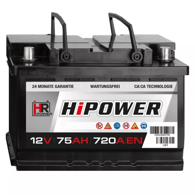 HR HiPower Autobatterie 12V 75Ah 720A ersetzt 63 65 66 70 72 74 75 77 78 80 Ah 2