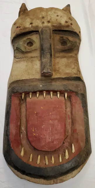 VINTAGE TRIBAL FACE MASK CARVED WOOD PRIMITIVE FOLK ART ORIGINAL PAINT tuvi