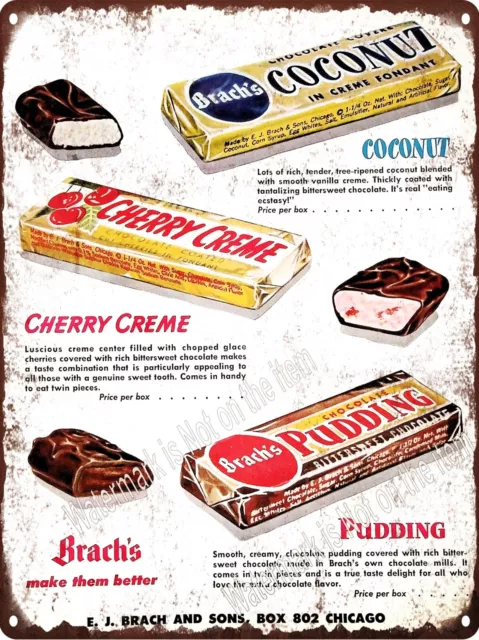 Brach's Coconut Cherry Creme Pudding Candy Bar Chocolate Metal Sign 9x12" A988