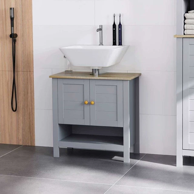 Lavello piedistallo bagno portatile GRIGIO sotto armadio unità con ripiano portaoggetti NUOVO