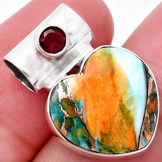 HEART SPINY OYSTER Turquoise Garnet 925 Sterling Silver Pendant