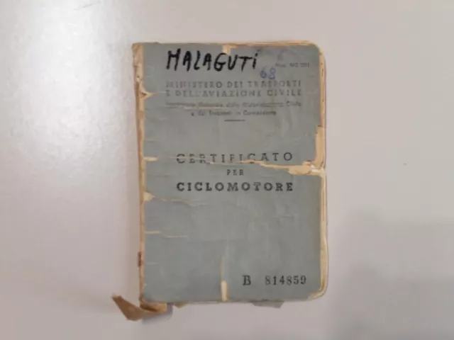Libretto Circolazione Ciclomotore MALAGUTI 1968 ORIGINALE