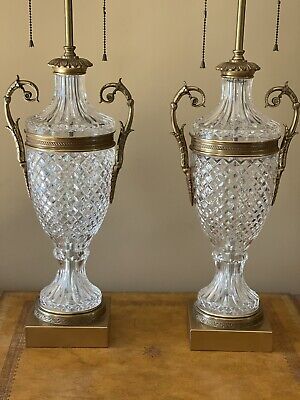Vintage Pair French Crystal Brass Urn Table Lamps Baccarat Style Lamp