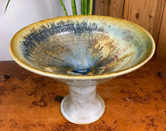 Mid Century Vintage Stoneware Studio Pottery Ceramic Chalice Dish Bowl 8.5" Dia