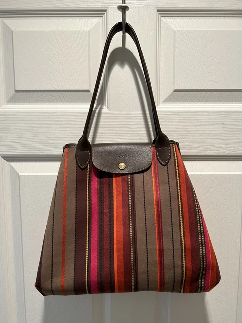 LONGCHAMP Large Canvas Striped Purse Leather Trim