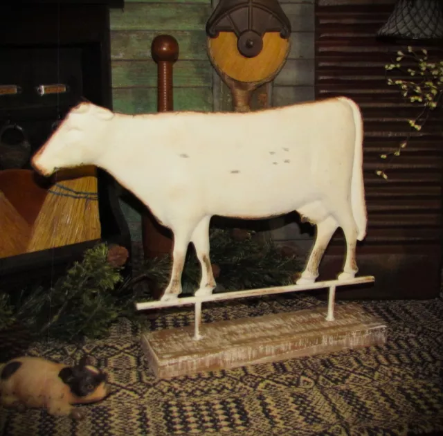 Prim Vtg Style White Destressed Tin Dairy Farm Milk Cow WEATHERVANE Wood Base