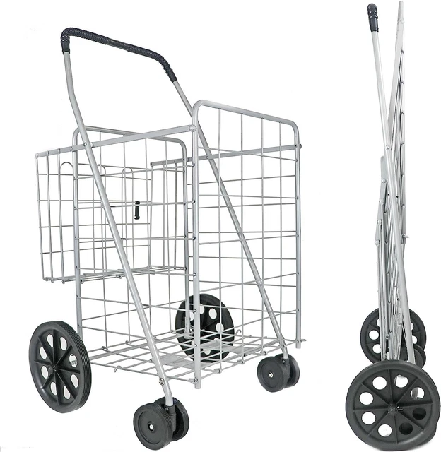 Jumbo Folding Shopping Cart,Collapsible Shopping Cart with Double Basket and 360
