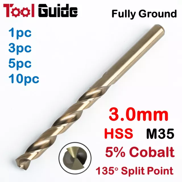 3.0mm High Speed Steel, Metric HSS Drill Bit, M35 5% Cobalt, Drilling Stainless