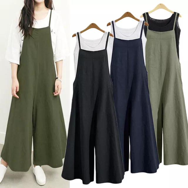 UK Womens Dungaree Wide Leg Jumpsuits Playsuits Summer Ladies Solid Pants Plus