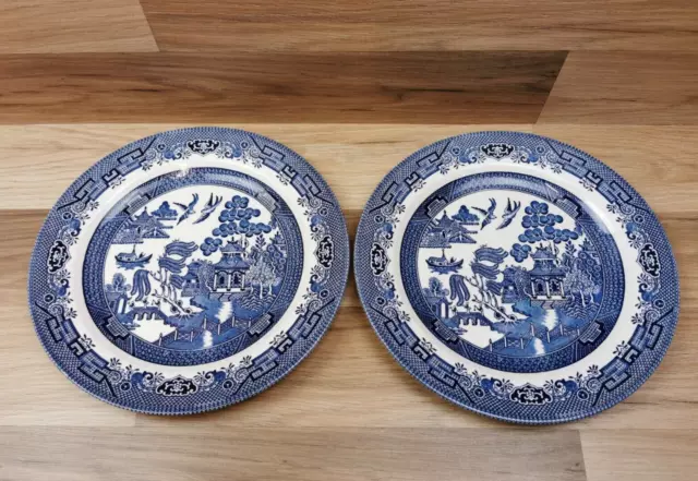 2 x Vintage Churchill Willow Pattern 10.5" Dinner Plates