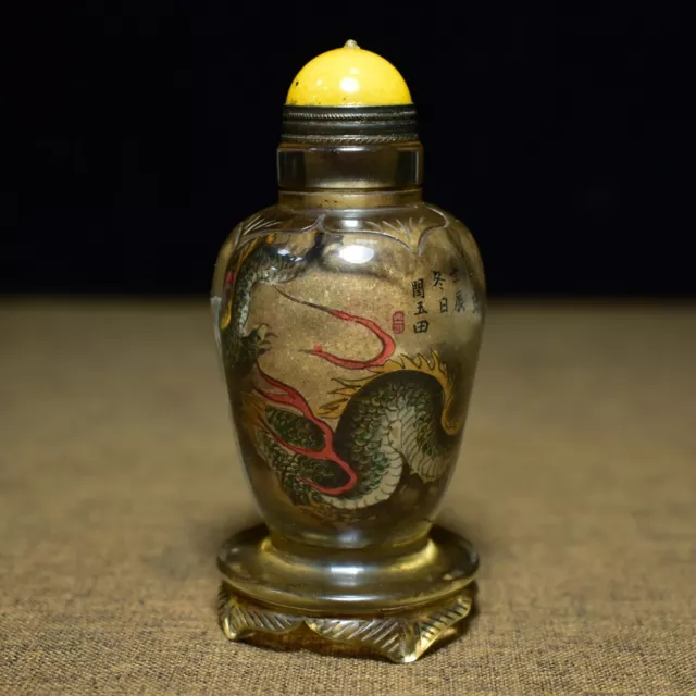 Chinese Old Peking Glass Inside Painted Dragon Statue Excellent Snuff Bottles