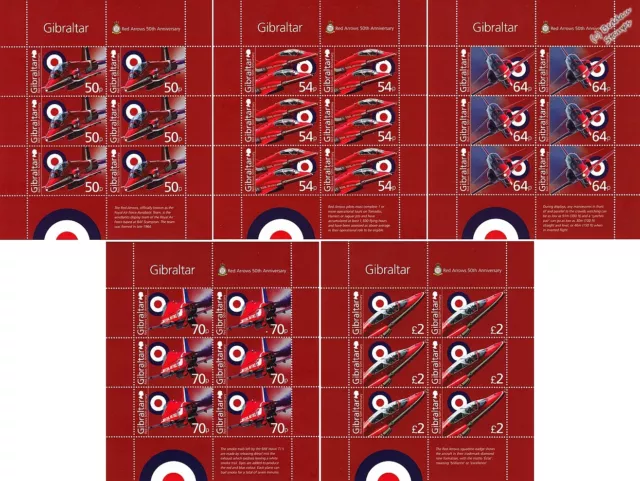 Set of 5 RAF RED ARROWS 50th Anniv. HAWK Aircraft Stamp Sheets (2014 Gibraltar)