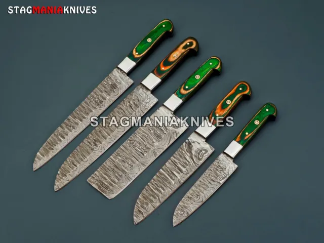 Hand Made Damascus Steel Chef Set 5-Pcs With Leather Roll Kit Best Gift For Wife