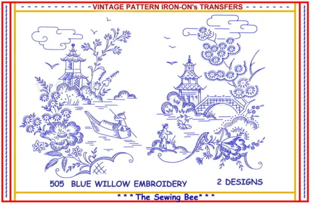 506 Blue Willow Embroidery Transfer pattern IRON-ON transfers