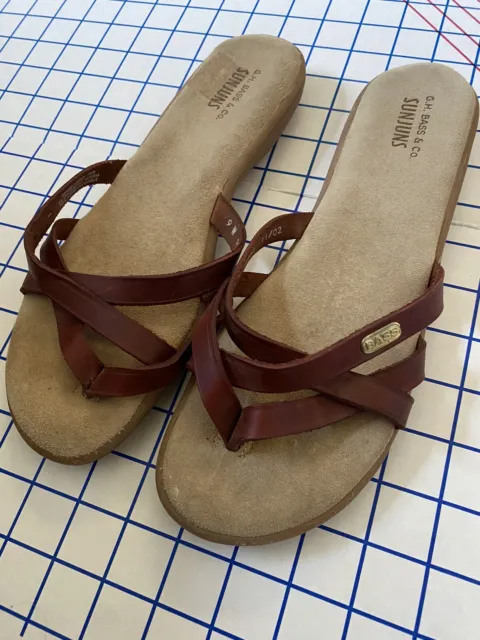 SUNJUNS G.H. BASS Sandals Sz 9 Wide Brown LeatherComfort Thong Flip ...