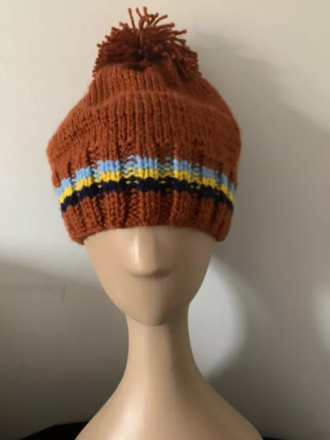 NEW Winter wooly hat knitted bobble warm beanie Brown with stripes Unisex