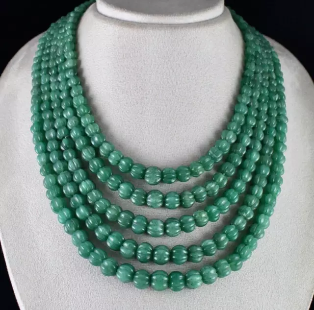 Natural Green Quartz Melon Beaded Necklace 5 Line 1153 Carat Old Carved Gemstone