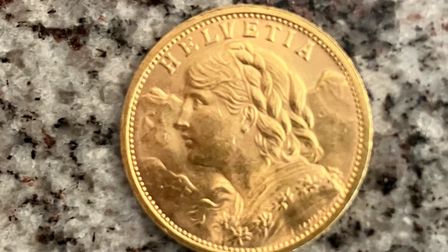 Swiss 20 Franc Gold Helvetia Coin, Bu, Very Rare, 1907 Swiss 20 Franc Gold Helvetia Coin, Bu, Very Rare, 1907