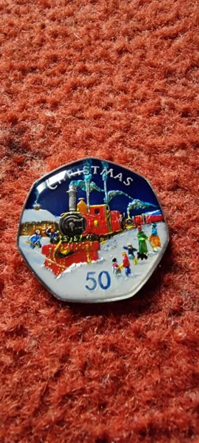 1984 Isle Of Man Sutherland Steam Train Christmas Coloured 50p Coin Enamelled On