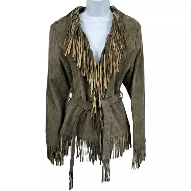 Vintage Wilsons Jacket Womens Medium Suede Leather Fringe Western Brown Belted