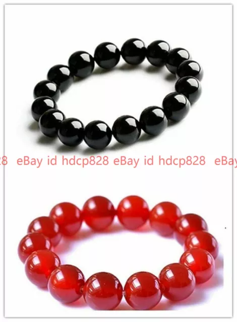 8/10/12/14mm Natural Red Jade Black Agate Round Gemstone Bangle Bracelets 7.5"