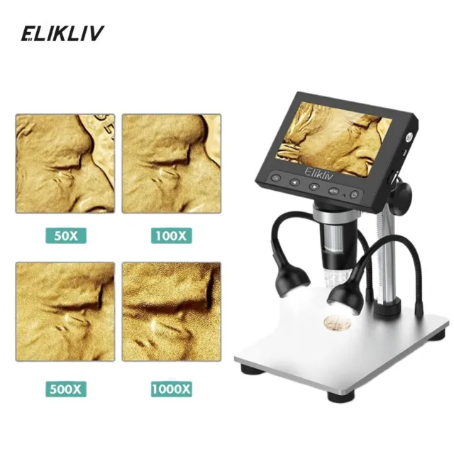 Elikliv Digital Microscope 1000X 4.3'' LCD Screen USB Coin Magnifier with Light