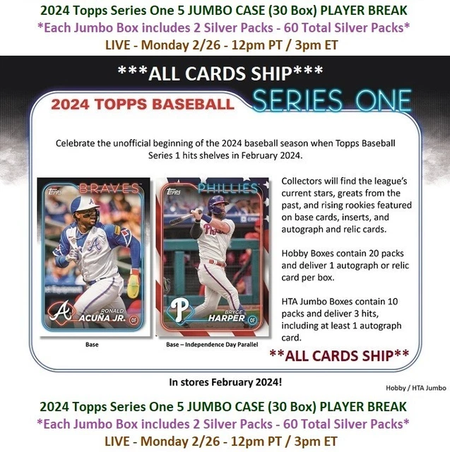 JUAN SOTO SD 2024 Topps Series 1 JUMBO 5 CASE 30 Box PLAYER BREAK 4 2