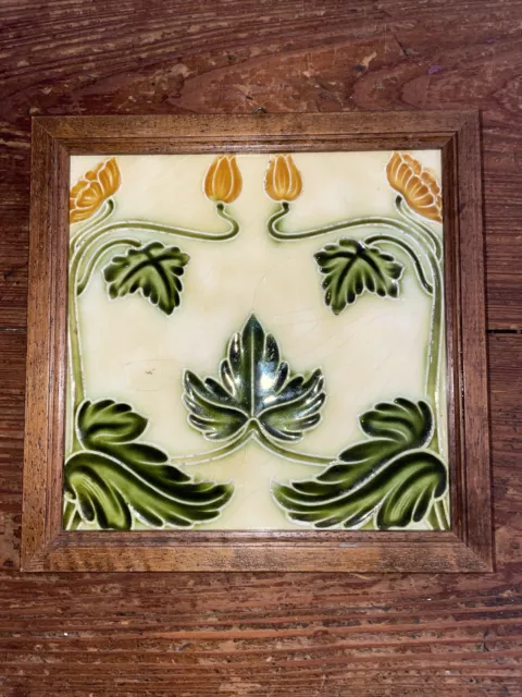 Antique English 1900’s Art Nouveau 6” Floral Tile in Wooden Frame