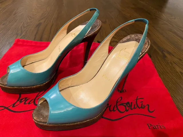Christian Louboutin Tiffany Blue Patent Leather Slingback Cork Sandal Size 37.5