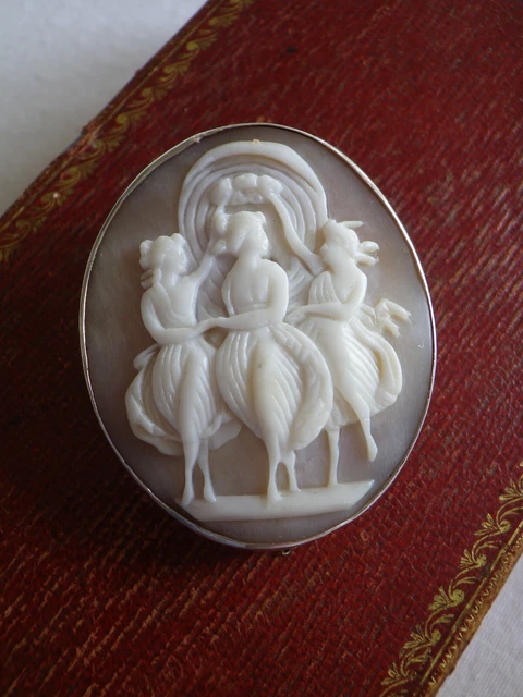 Pendentif Ancien Camée Sur Coquillage - Buste Femme Antique, Monture Argent Sterling, Occasion Très Bon état