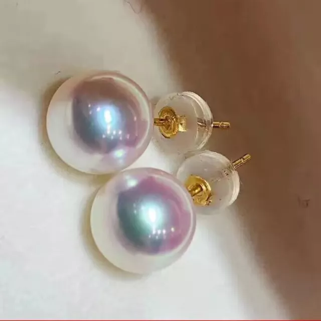 gorgeous  pair of 9-10mm south sea round white pearl stud earring 18k